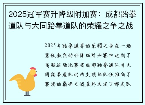 2025冠军赛升降级附加赛：成都跆拳道队与大同跆拳道队的荣耀之争之战